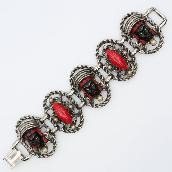 Vintage Unsigned Selro Asian Princess Faces Black and Red Panel Bracelet 1960s - Picture 1 of 3